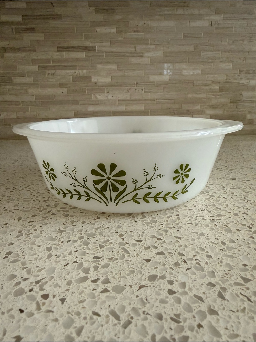 VTG Glasbake Milk Glass Primrose Dream White Green Floral Casserole Dish J2500